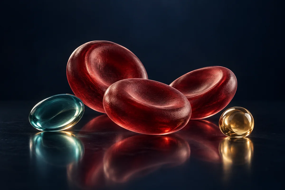 Ilustrim konceptual me forma qelizore dhe lidhje që evokojnë rolet e vitaminave B12 dhe B9